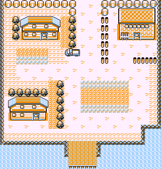 Une ville composée de 3 bâtiments, avec un port en bas de la map
