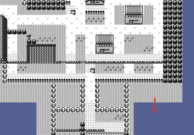 Une fleche sur une carte de vieux jeux pokémon, montrant un moyen de sortir d'une map en étant out of bound sur l'autre